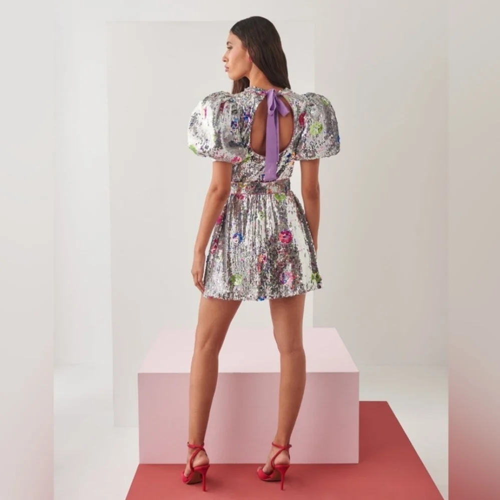 CeliaB Silver Sequin Mini Dress with Floral Accents - Picture 4 of 15